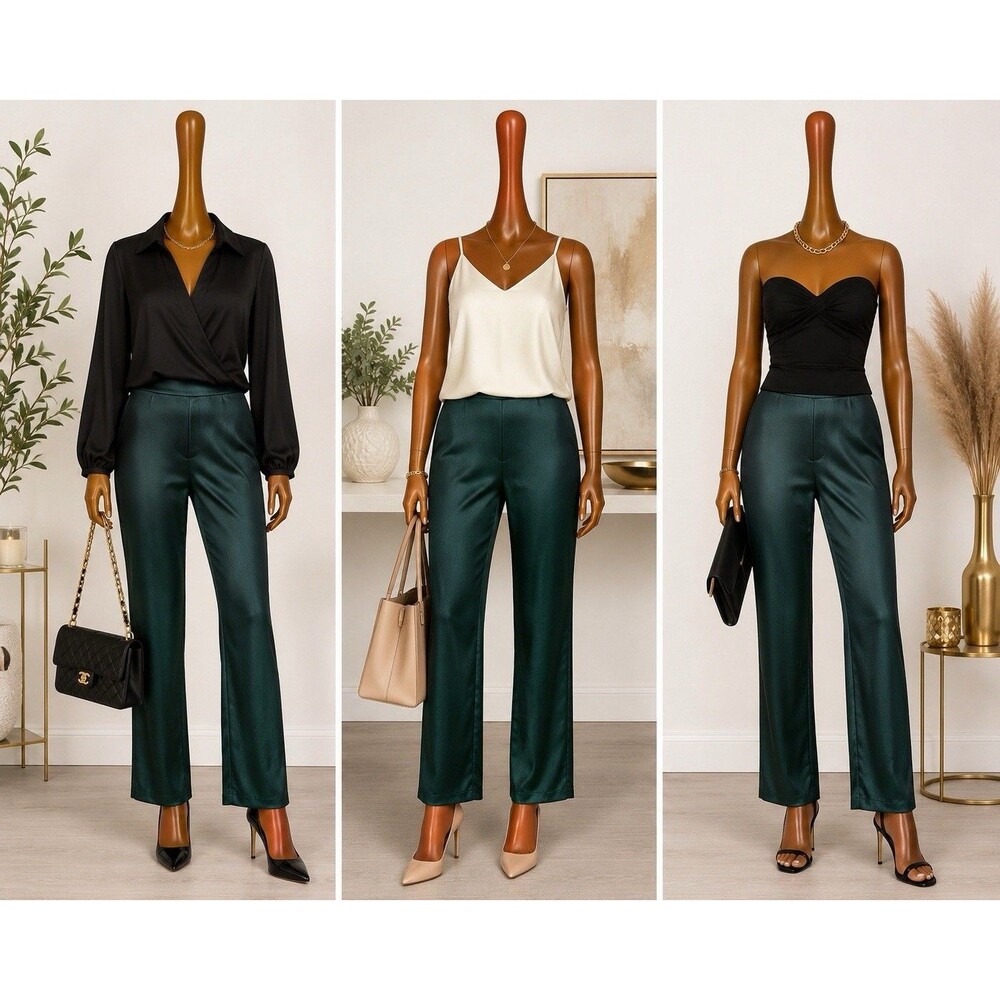 Soho Apparel LTD Green Satin  Dress Pants Pull-On Women Sz  M Stretch Straight